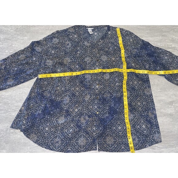 Catherine's Sz 2X 22/24 Blue Beige Medallion Roll-Tab Button-Down Career Work - Picture 2 of 8